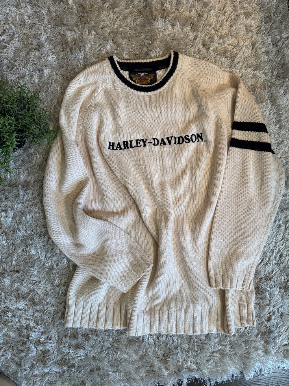 Vintage Harley-Davidson Cream and Navy Crewneck Sweater Large